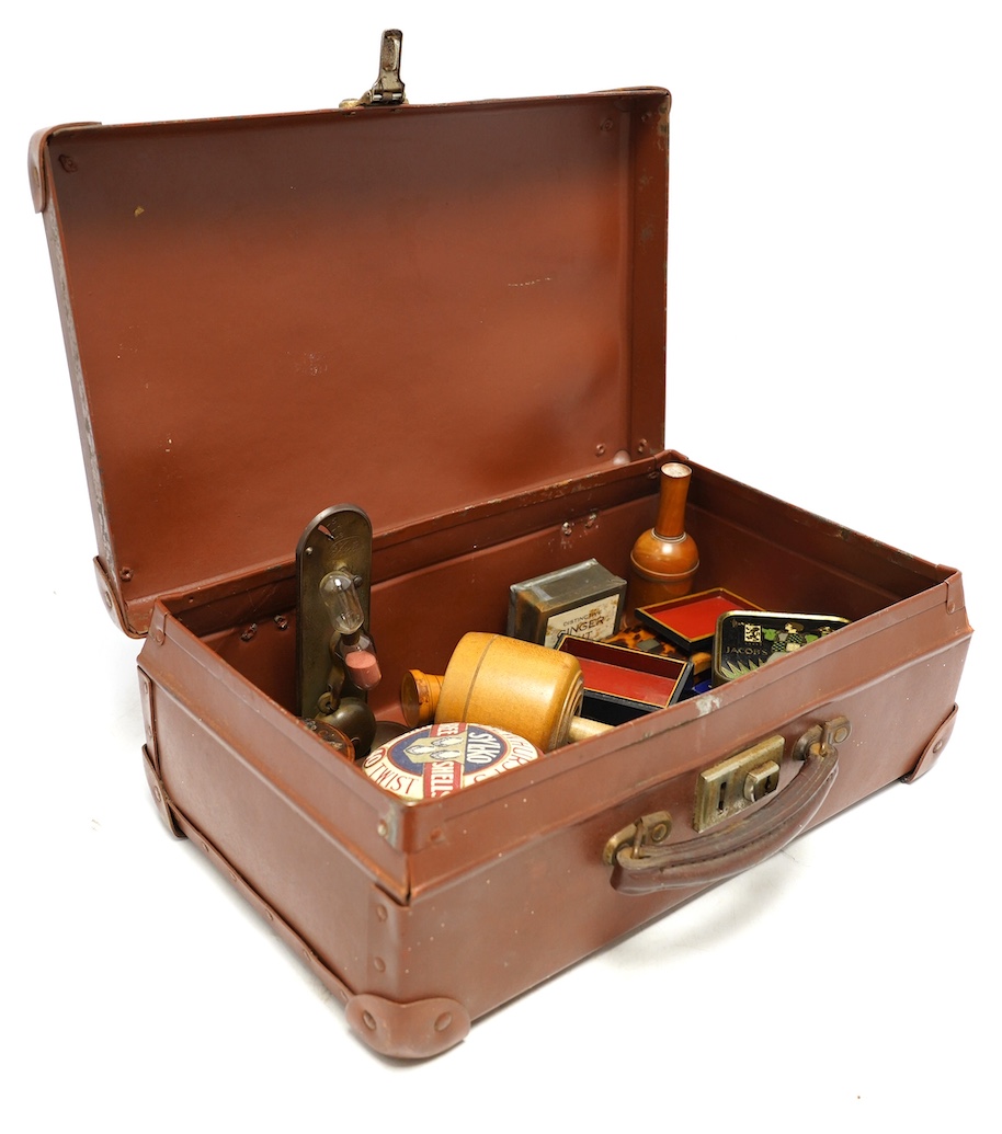 A quantity of 19th century and later collectables to include a circular burr wood snuff box, framed medals, a tortoiseshell snuff box and sundries. Condition - fair